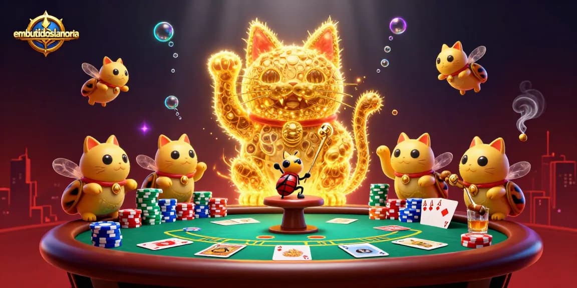 Engage with embutidoslanoria by exploring this vibrant casino scene featuring a lucky cat and poker elements.