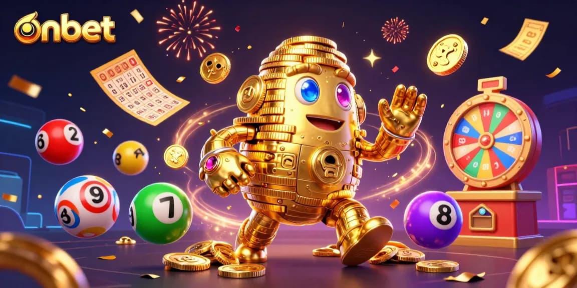 Engage with onbet, featuring a dynamic golden golem amidst exciting casino elements.