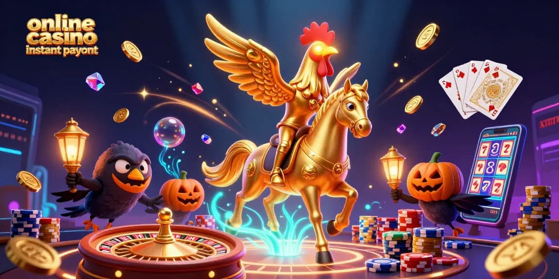 Play at online casino instant payout with a golden rooster character in a dynamic casino scene.