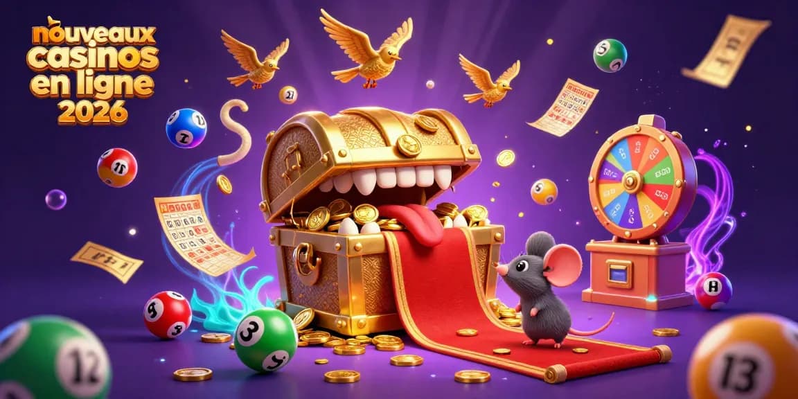 Illustration dynamique des nouveaux casinos en ligne 2026 avec un coffre au trésor et des éléments de loterie captivants.
