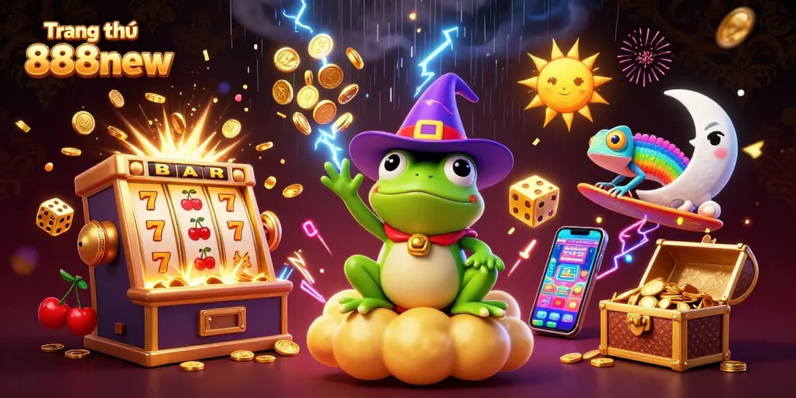 Spin and win at Trang chủ 888new, featuring vibrant cartoon characters and a dynamic casino scene full of excitement.