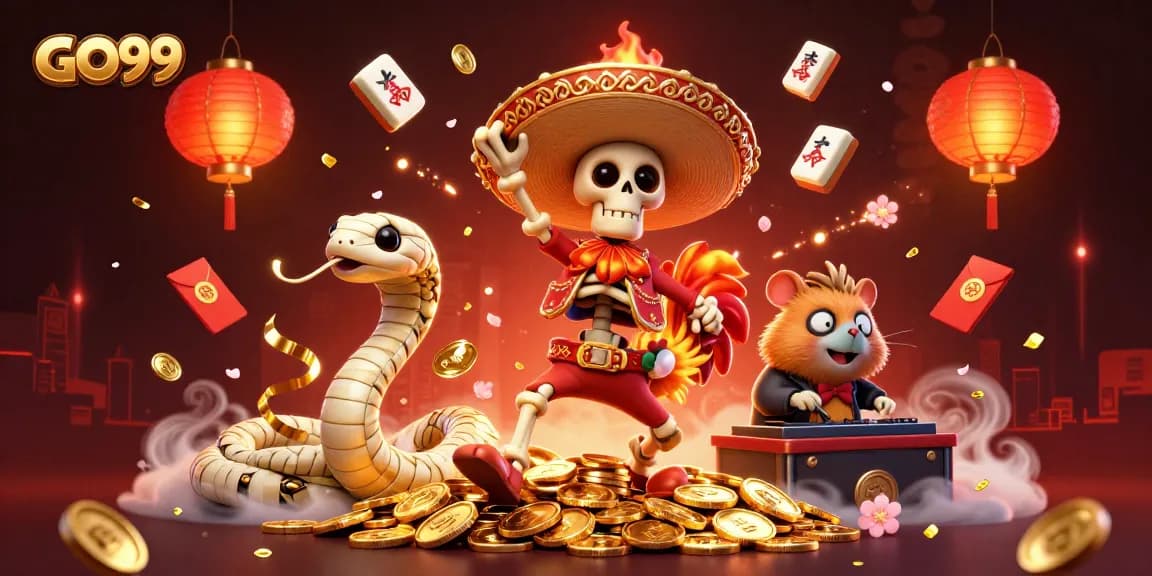 Experience the excitement at GO99 with a lively cartoon scene capturing iconic casino elements.