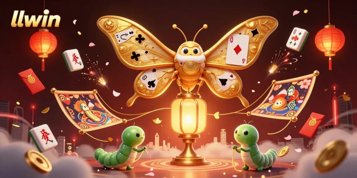 Experience the mesmerizing world of llwin with vibrant casino elements and a golden moth illustration.