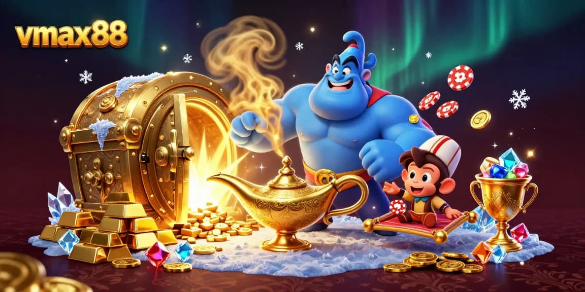 Win big at vmax88 with a magical illustration featuring vibrant casino elements and treasures.
