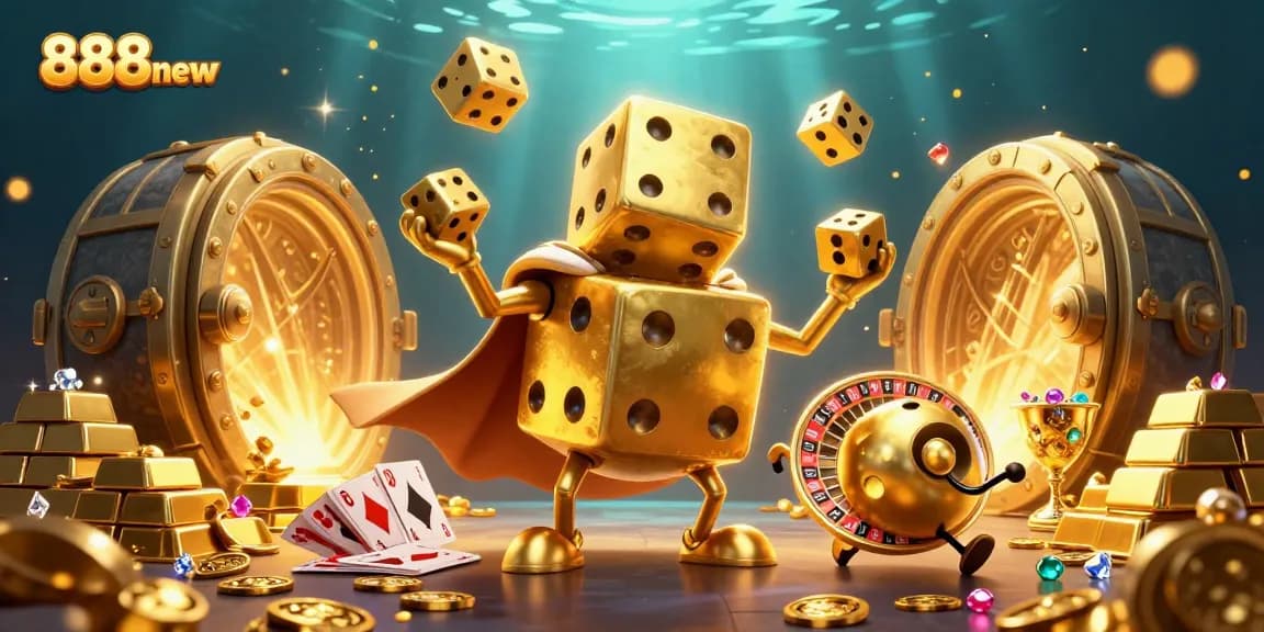 Experience the excitement of 888new as a golden dice golem juggles treasures in an enchanting casino scene.