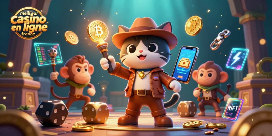 Illustrez le meilleur casino en ligne France avec un chat archéologue et des pièces de crypto-monnaies.