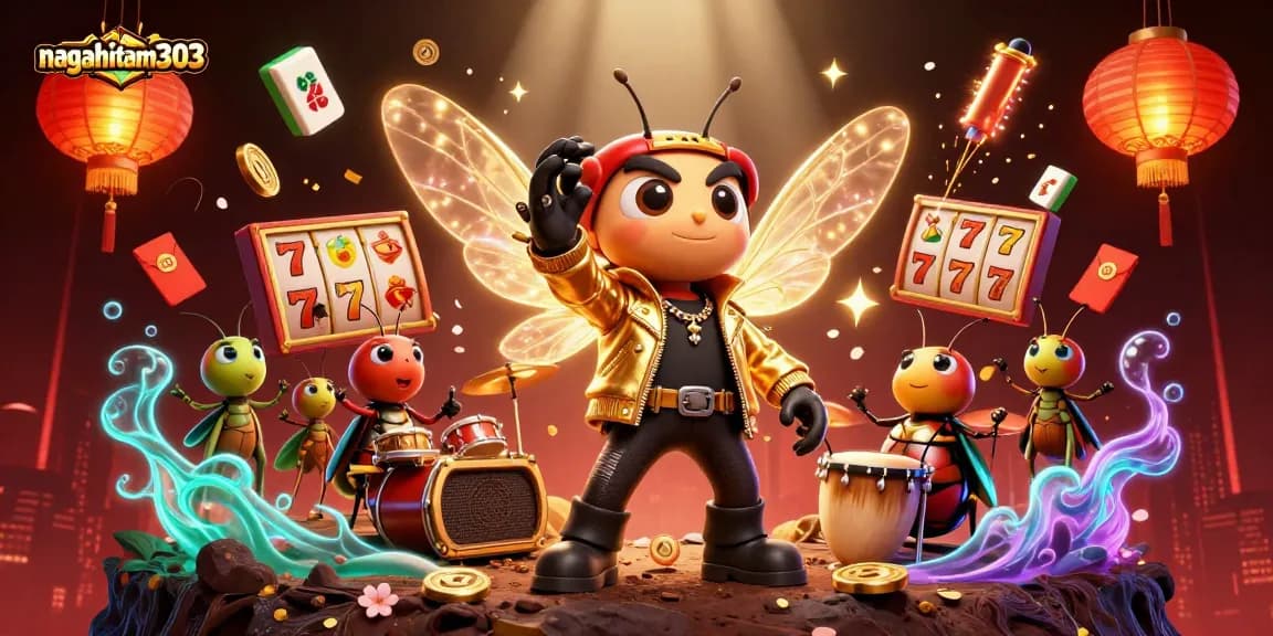 Nagahitam303 menampilkan cicada rock star dan drummer beetle di dalam kasino, dikelilingi simbol slot dan koin bahagia.
