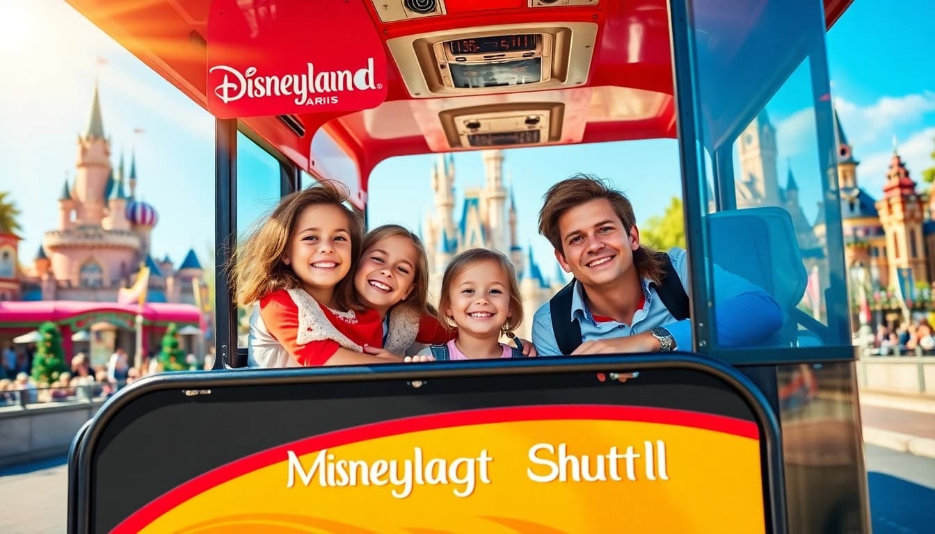Family boarding the Magical Shuttle for transportation from disneyland paris to airport.