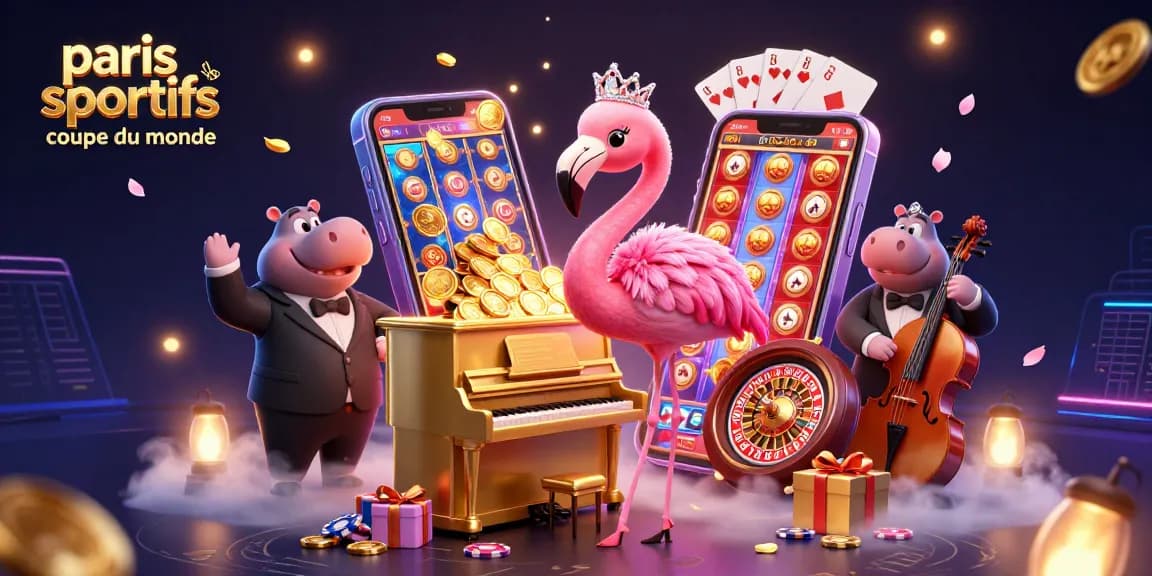 Pariez sur les paris sportifs coupe du monde avec un flamingo chanteur et un hippo bassiste dans une scène animée.