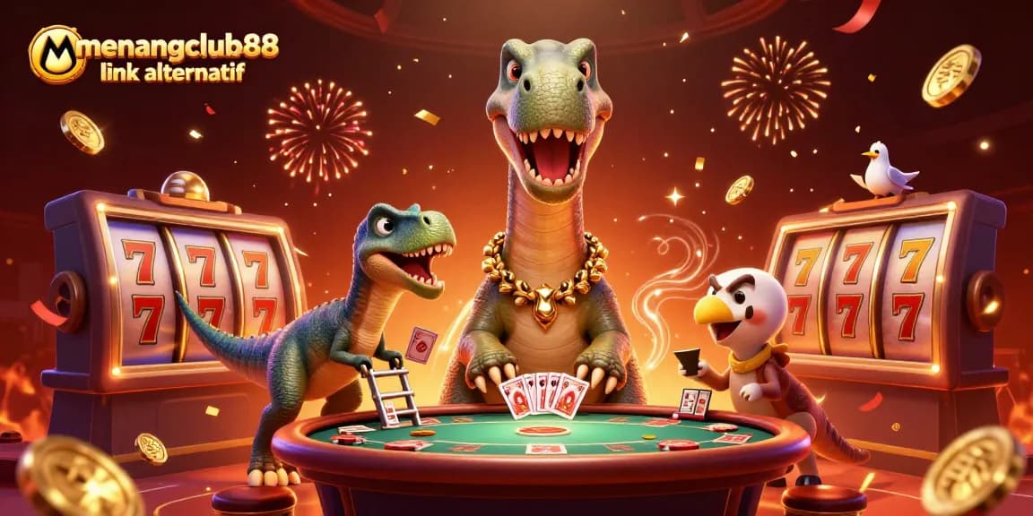 Engage in exciting gameplay with the brontosaurus above a poker table at menangclub88 link alternatif.