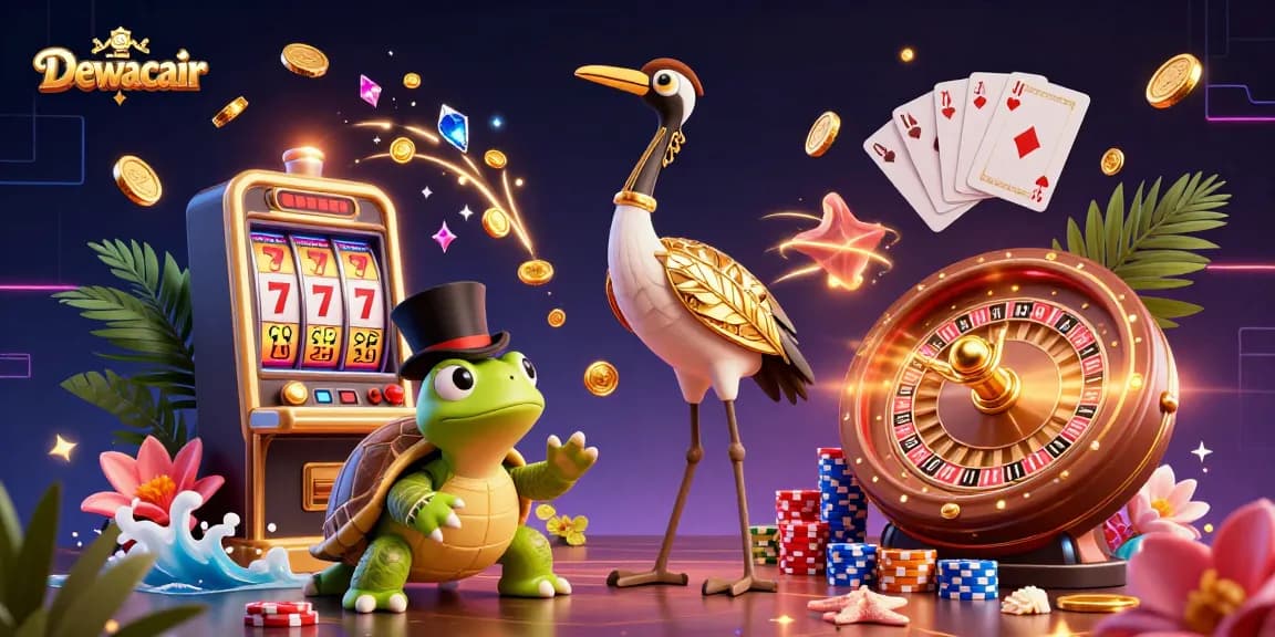 Dewacair showcases a vibrant 3D illustration of a speakeasy scene with symbols of luck and prosperity.