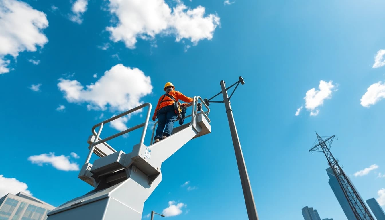 Worker safely using a cherry picker in an industrial setting to reach elevated heights.