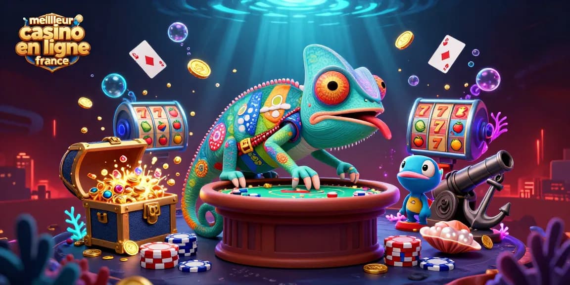 Gagnez au meilleur casino en ligne France avec une animation de caméléon dynamique qui attire les pièces d'or.