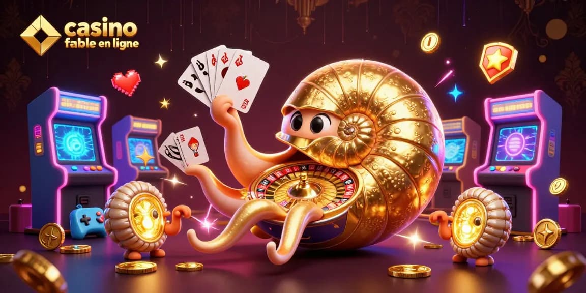 Jouez au casino fiable en ligne avec une illustration 3D captivante représentant un nautilus géant et des jeux animés.