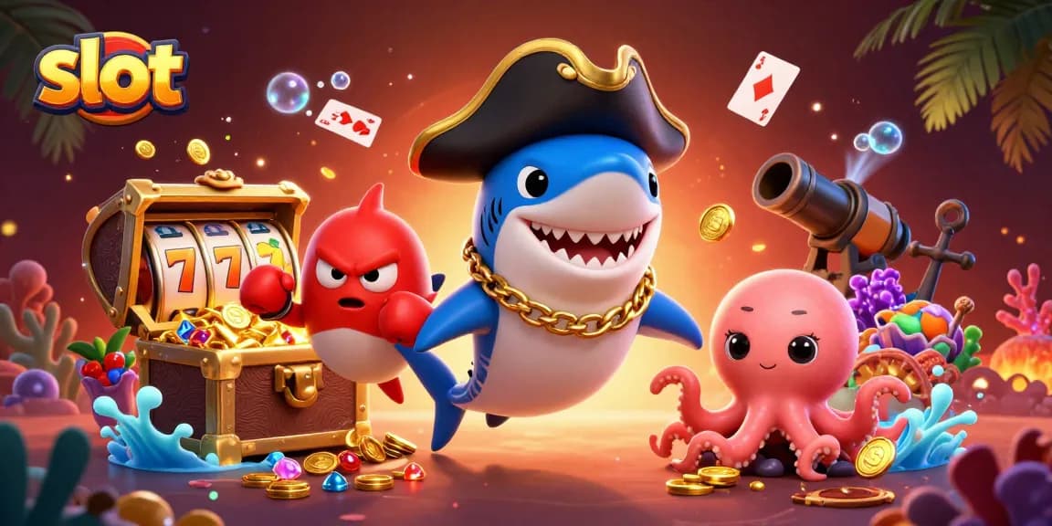 Slot gacor menunggu, dengan kartun ikan hiu bajak laut mengumpulkan koin emas di dunia bawah laut.