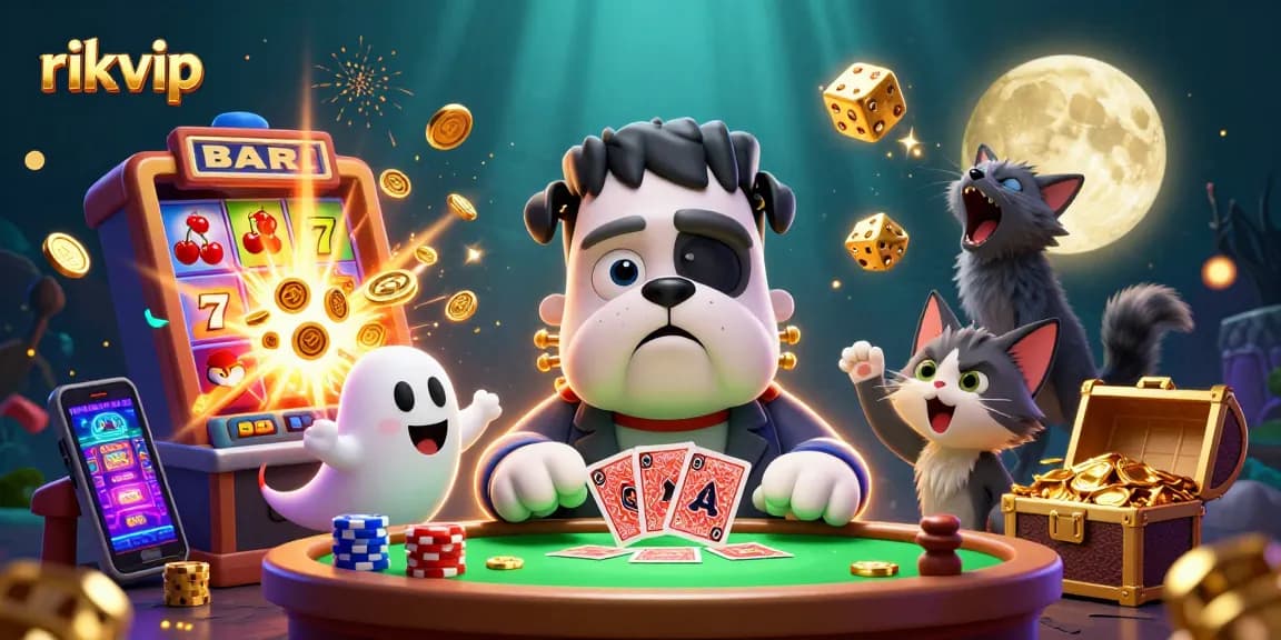Experience thrilling casino action with rikvip in an ultra-detailed 3D scene showcasing a playful bulldog dealer and magical elements.