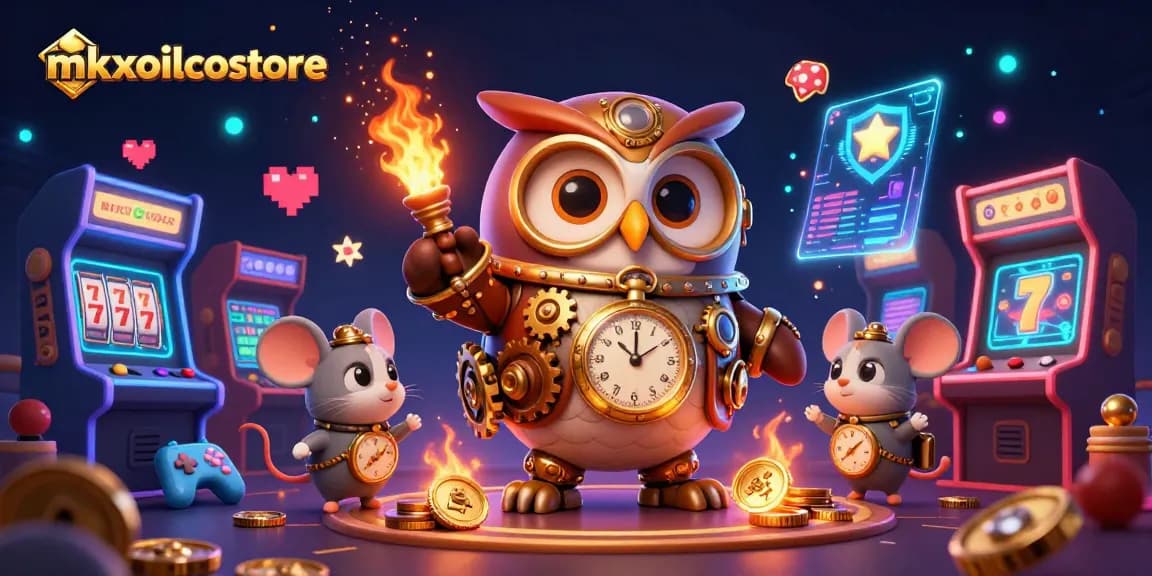 Experience the vibrant action at mkxoilcostore with steampunk owl and slot reels in a dynamic casino scene.