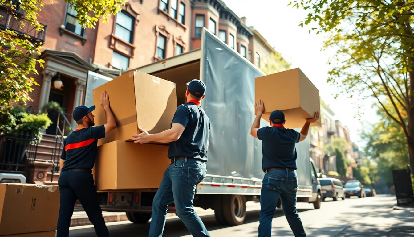 Efficient moving company bronx team carefully loading furniture in a warm neighborhood setting.