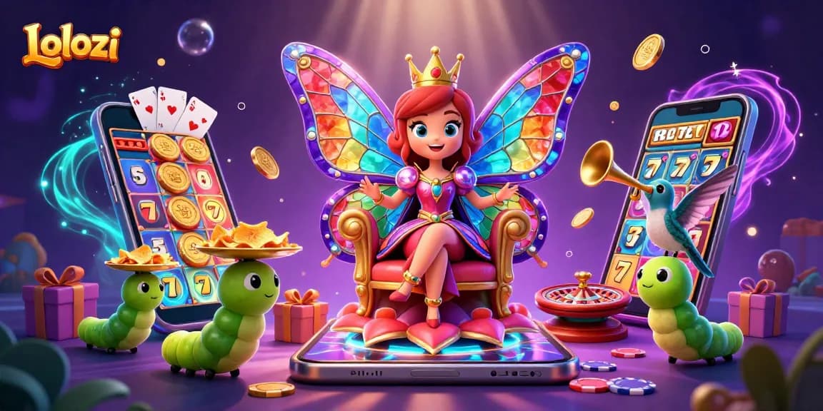Lolozi casino illustration showcasing a vibrant butterfly queen, slot games, and dynamic casino elements.