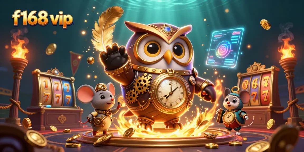 Betting at f168 vip with a lively steampunk owl and a clockwork mouse in a vibrant casino scene.