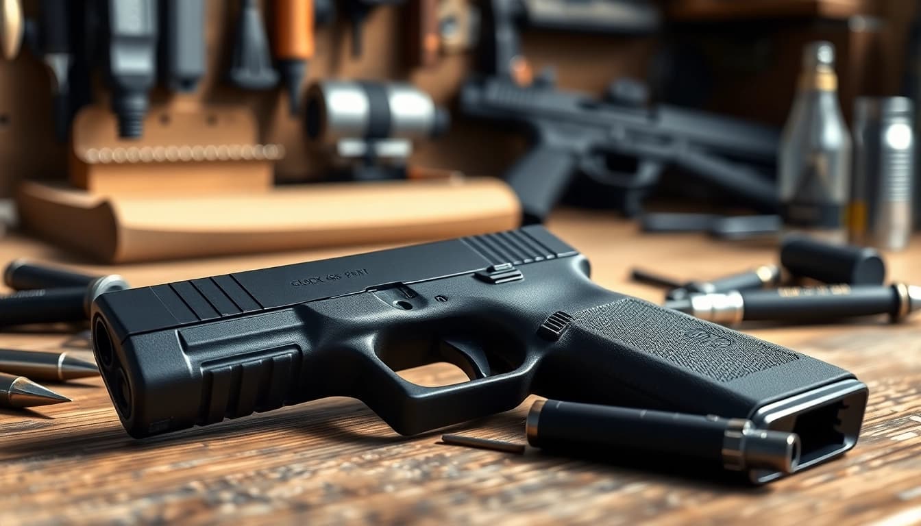 Examine the glock 26 gen 5 slide showcasing its precision craftsmanship on a wooden workbench.