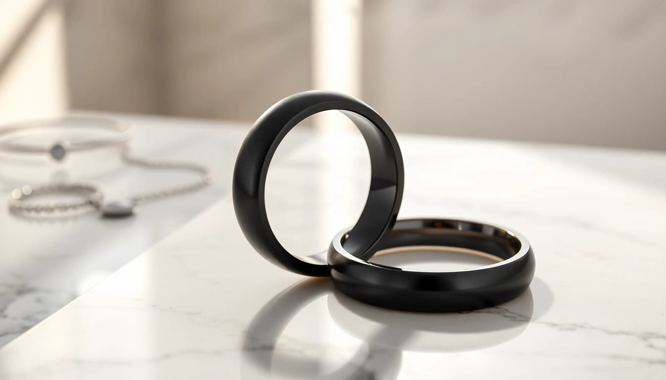 Showcase of Black Zirconium Rings highlighting their smooth design and elegance.