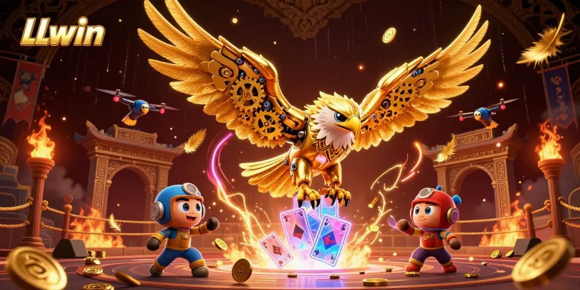 Experience high-stakes gaming with LLwin's captivating 3D casino illustration featuring dynamic eagle characters.
