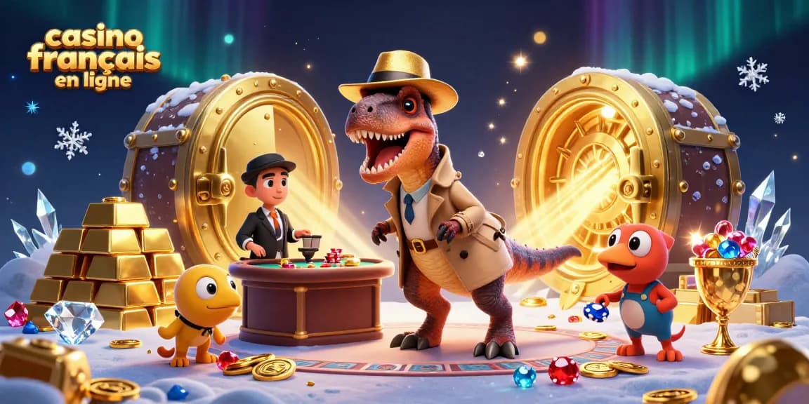 Le velociraptor devant une table de blackjack au casino français en ligne avec un regard suspect de la part de son patron stegosaurus.