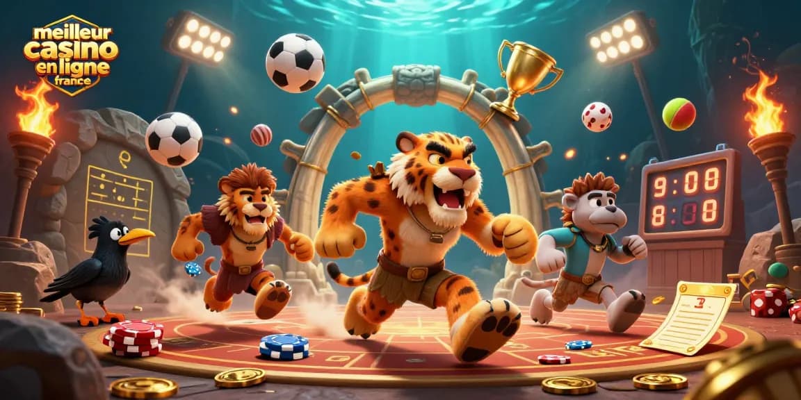 Jouez au meilleur casino en ligne France avec une scène dynamique de personnages amusants et d'éléments de jeu captivants.