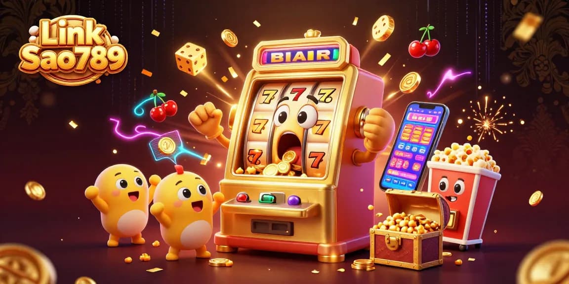 Link Sao789 showcases a golden slot machine winning its jackpot, surrounded by celebratory game elements.