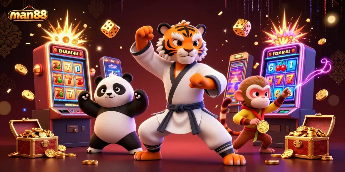Experience man88 in a vibrant scene with a kung fu tiger and lively casino elements.