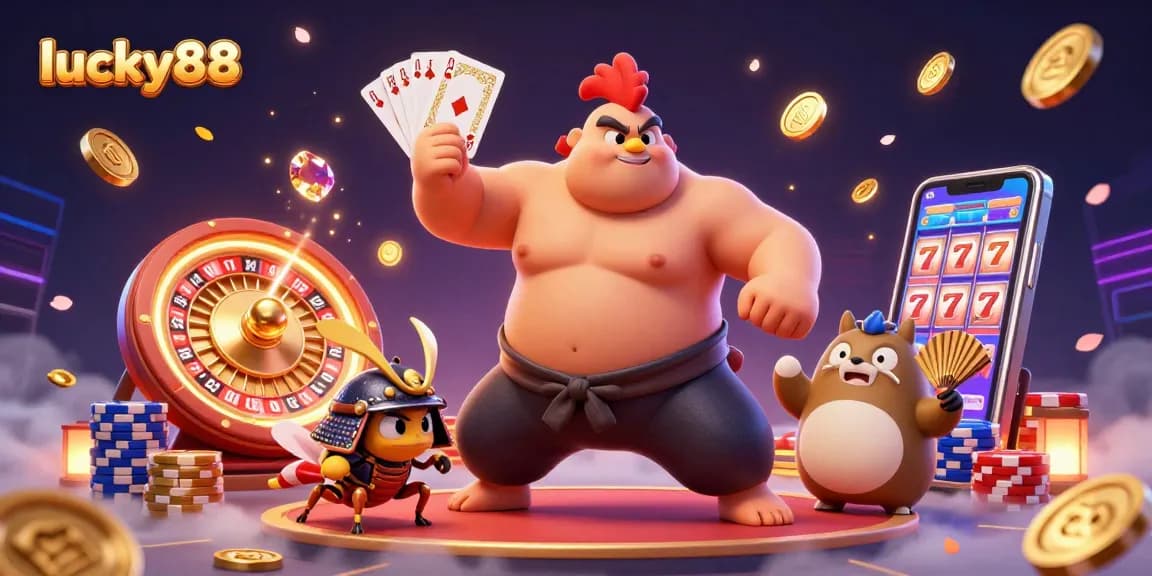 Experience the thrill of lucky88 with a dynamic casino scene featuring colorful characters and vibrant casino elements.