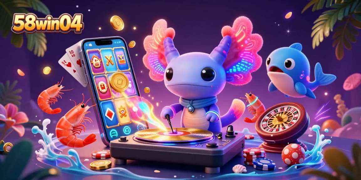 Engage with the vibrant 58win04 casino scene featuring an axolotl DJ spinning winning slot reels.