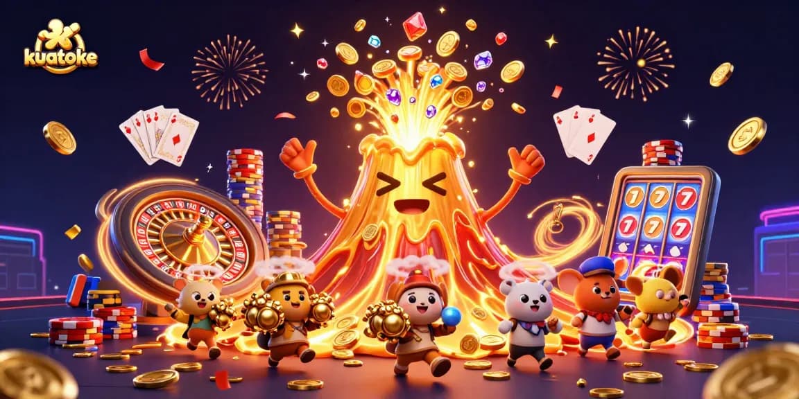 Kuatoke casino scene with a triumphant volcano erupting coins and treasures, perfect for engaging gamblers.