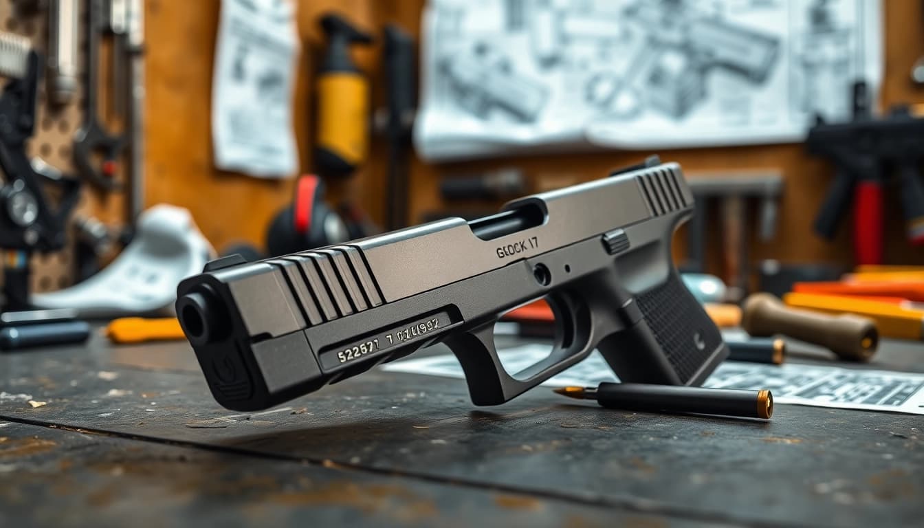 Inspecting glock 17 slide oem for quality and precision in a workshop setting.
