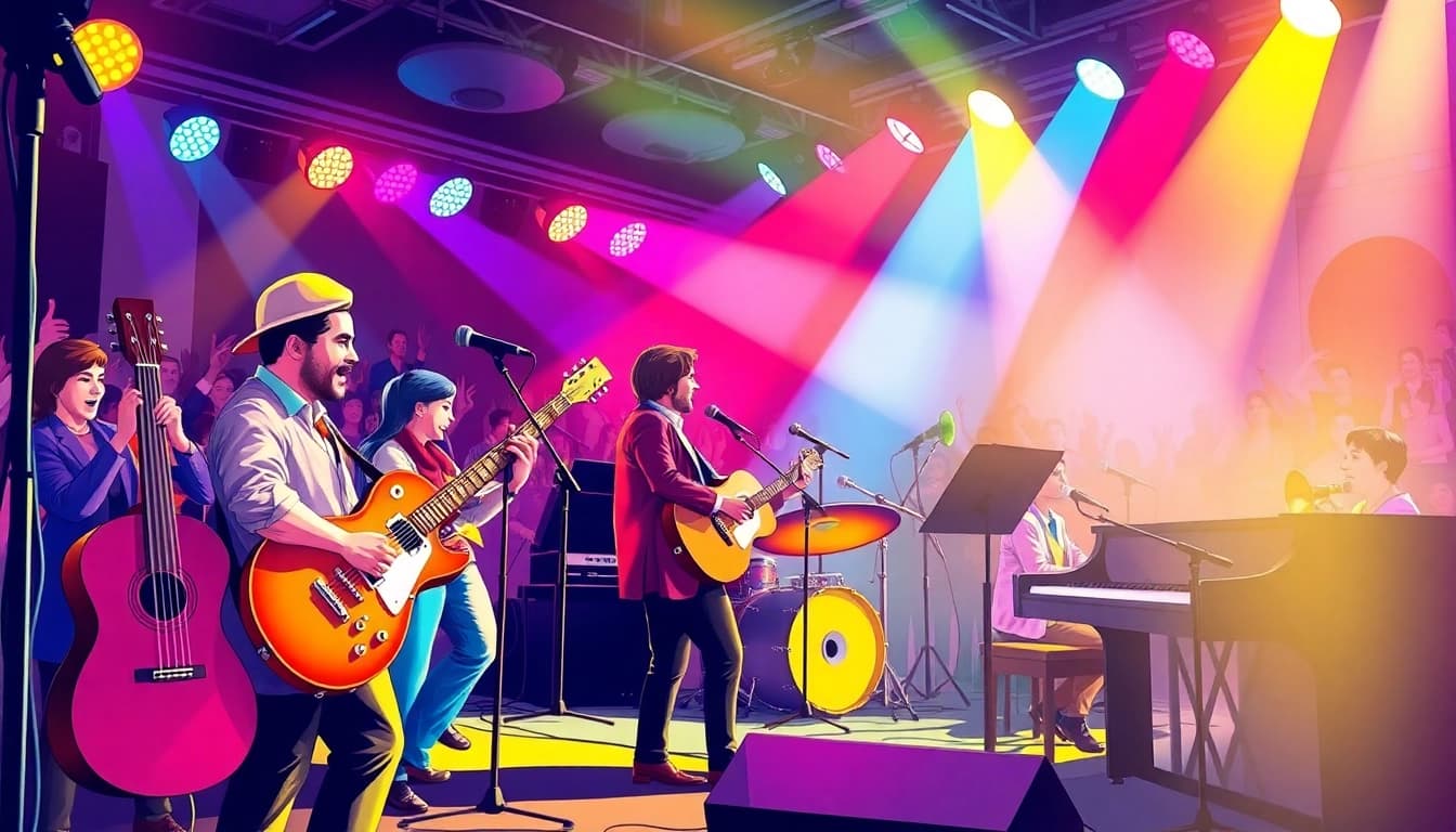 Ascultă muzica veselă pe un fundal vibrant al instrumentelor și al audienței entuziaste.
