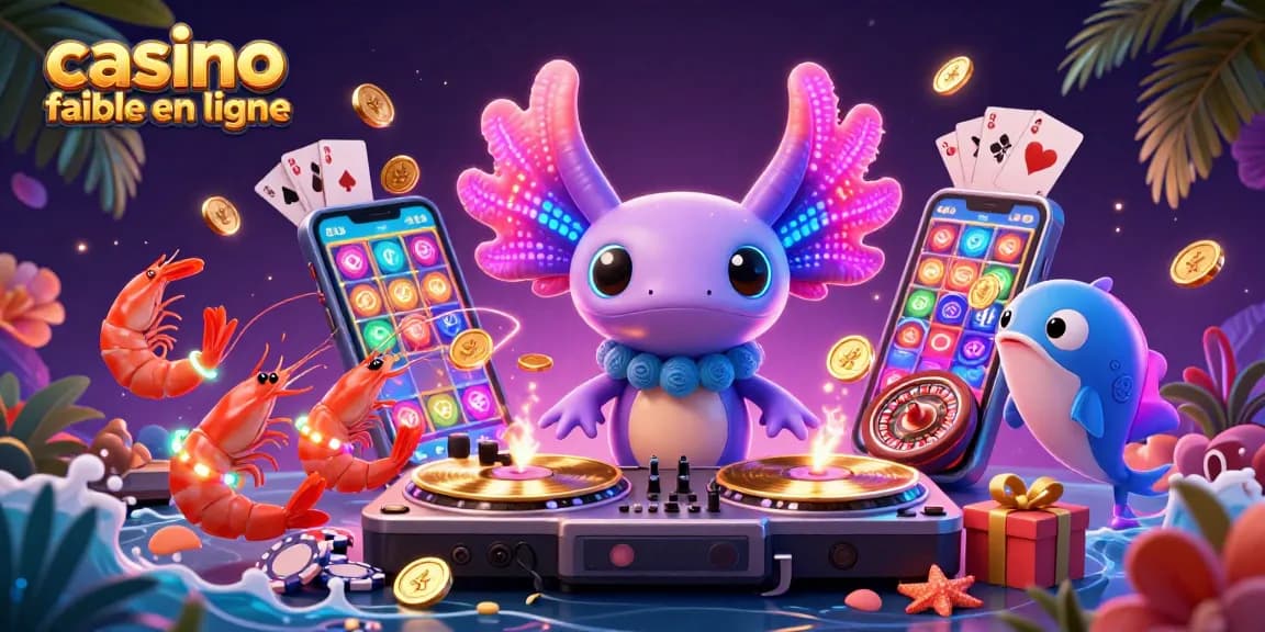 Découvrez l'univers du casino fiable en ligne à travers une scène animée et colorée avec un axolotl DJ et ses amis.