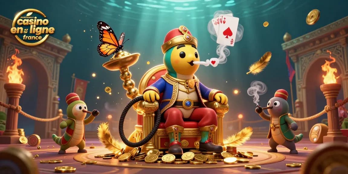 Visitez le meilleur casino en ligne France avec une scène animée de jeux de poker et d'éléments colorés.