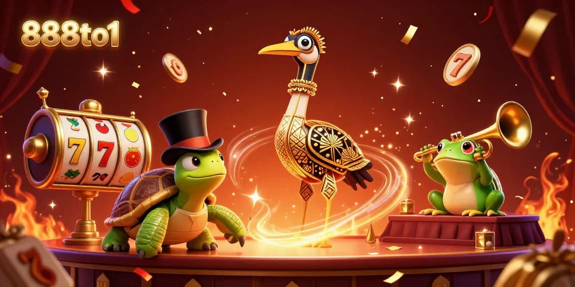 Experience exciting casino action with 888to1 in a vibrant 3D illustration featuring slot reels and dynamic characters.