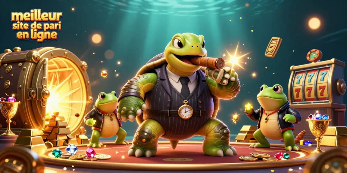 Découvrez le meilleur site de pari en ligne avec une scène de turtle mobster entourée de jeux de casino.