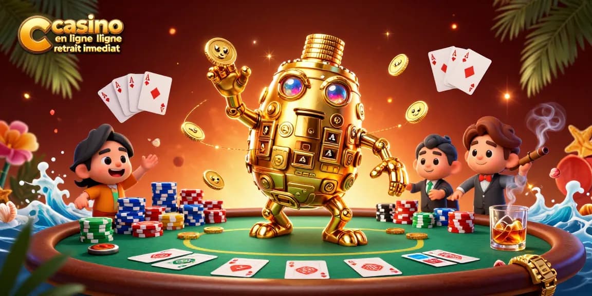 Profitez de l'expérience de jeu avec un casino en ligne retrait immédiat, représentée par un golem en or tournoyant.