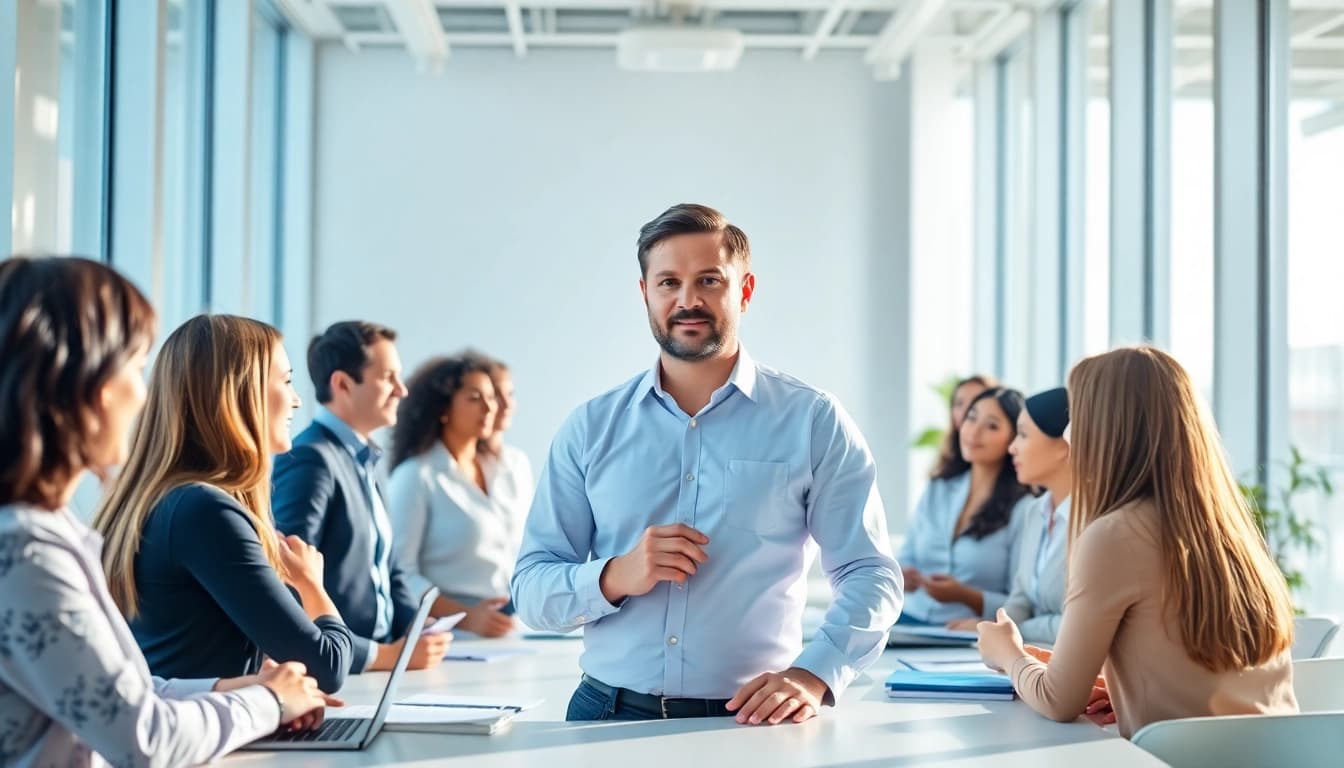Dynamic marketing director leading a team in a bright office environment.