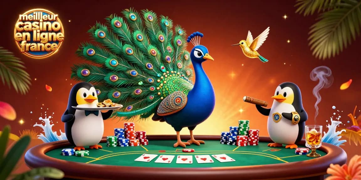 Jouez au meilleur casino en ligne France avec une scène animée de poker et des personnages extravagants.