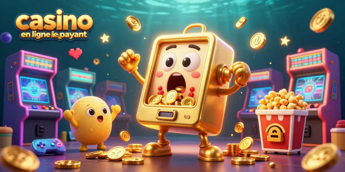 casino en ligne le plus payant : machine à sous dorée gagnant un jackpot, avec des machines à sous enfants et des éléments de jeux colorés.