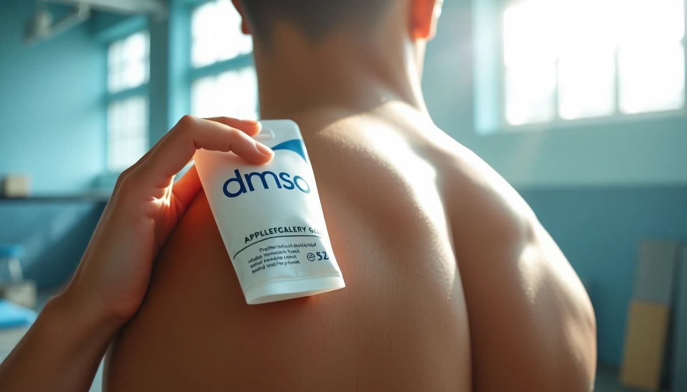 Applying dmso gel to relieve shoulder pain in an athlete's gym setting, showcasing its smooth texture.