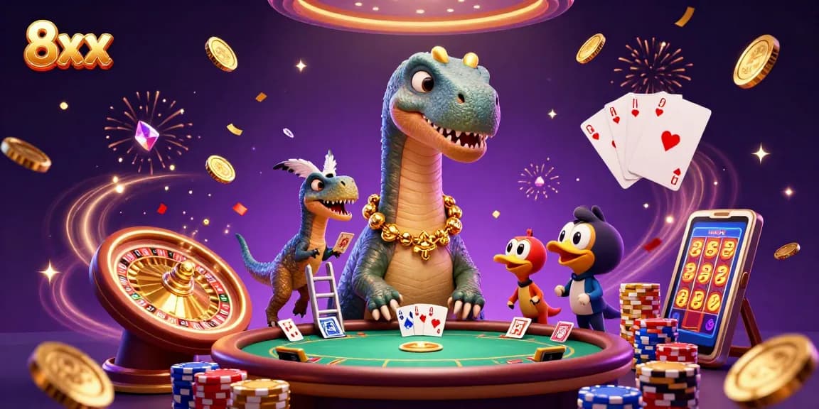 Engage in thrilling action at 8xx casino with a giant brontosaurus above a lively poker setup.