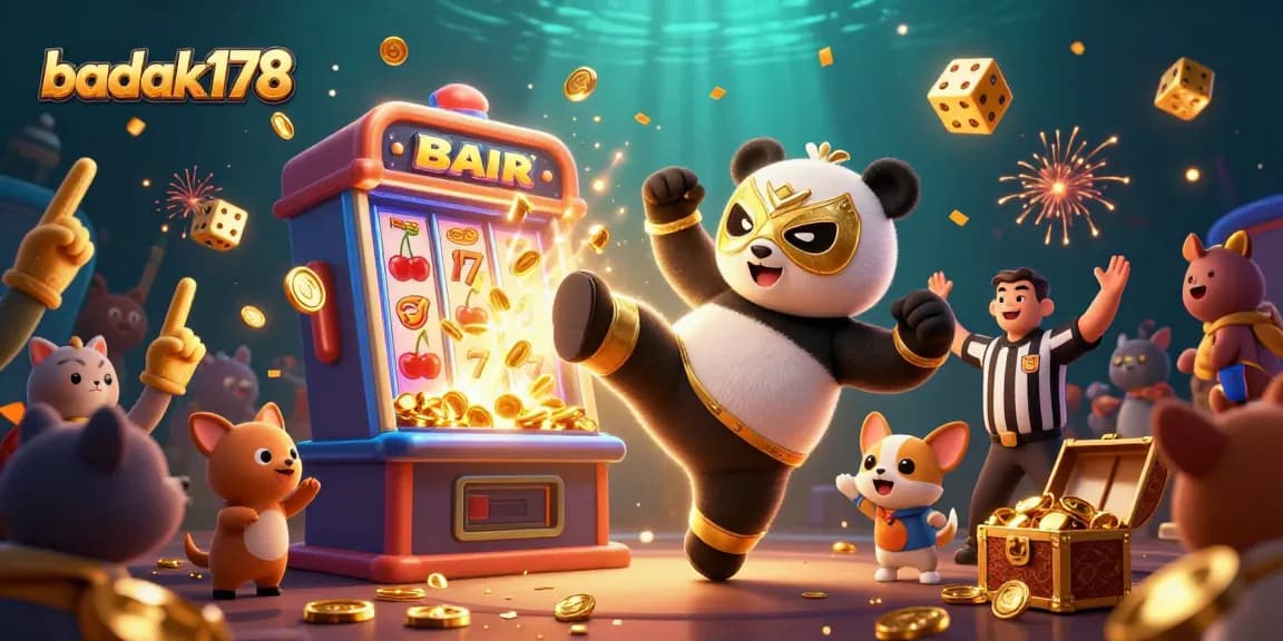 Experience excitement with badak178 as cute animal characters celebrate a jackpot in this vibrant casino illustration.