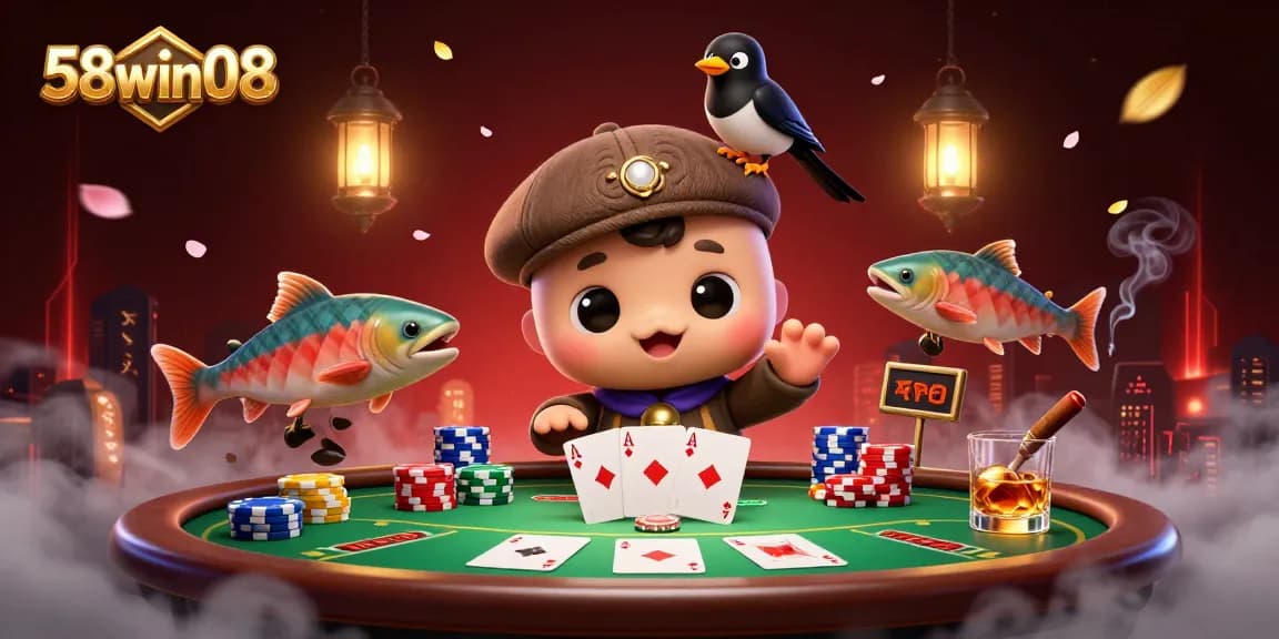 Experience excitement at 58win08 with a vibrant casino scene featuring characters and poker elements.
