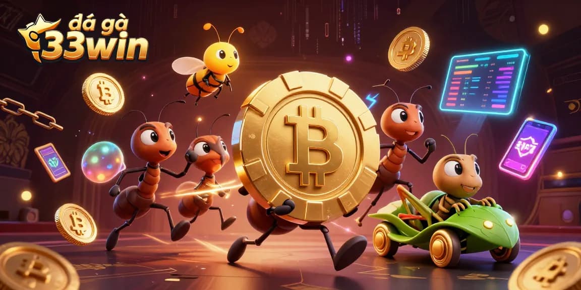 Engage with the excitement of đá gà 33win through a vibrant 3D heist scene featuring cartoon ants and dynamic gambling elements.