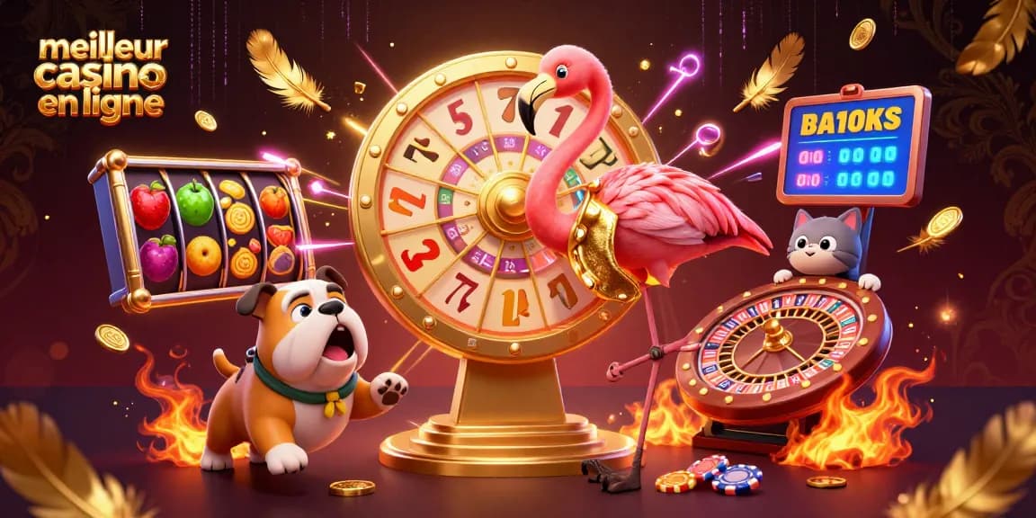 Visuel dynamique du meilleur casino en ligne avec un flamingo animateur et des canaux de jeu.